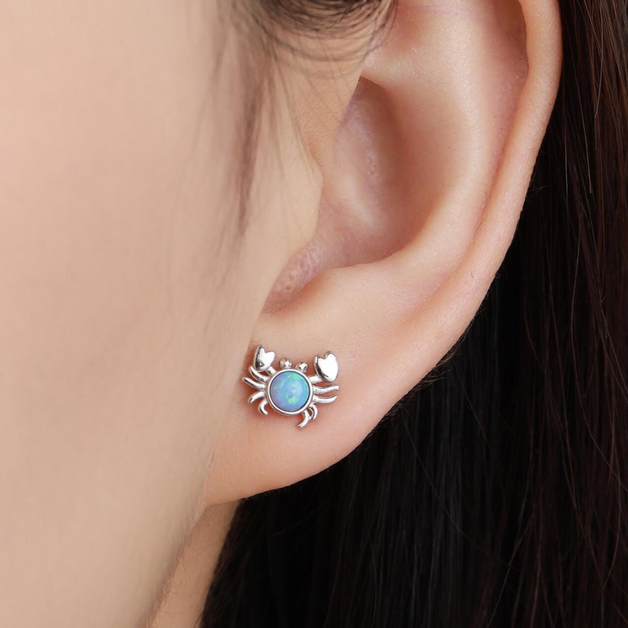 Moonstone Crab Stud Earrings in Sterling Silver, Opal Crab Earrings, Silver or Gold, Crab Earrings, Ocean Fish Crab Earrings