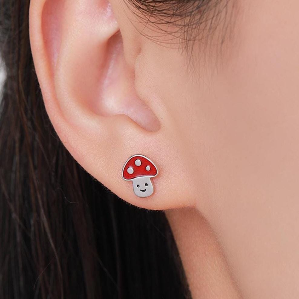 Cute Mushroom Stud Earrings in Sterling Silver, Silver or Gold Finish, Small Mushroom Earrings