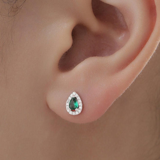 Tiny Emerald Green Droplet CZ Halo Stud Earrings in Sterling Silver, Silver or Gold, Tiny Pear Cut CZ Stud Earrings, May Birthstone