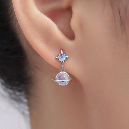 Moonstone Planet with Starburst Stud Earrings in Sterling Silver, Lab Moonstone Saturn Earrings, Silver or Gold, Planet Earrings