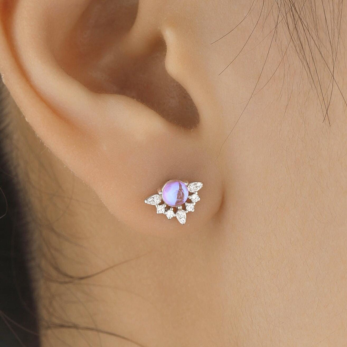 Vintage Inspired Moonstone Flower CZ Stud Earrings, Lab Moonstone Halo CZ Earrings, Simulated Moonstone Earrings