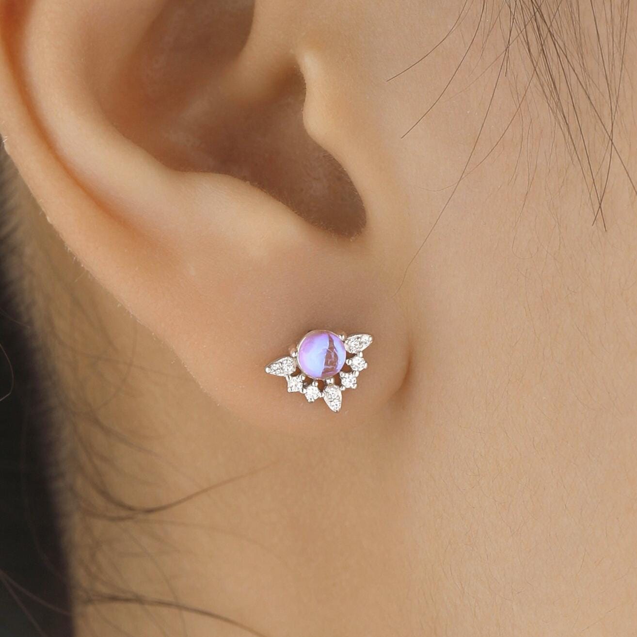 Vintage Inspired Moonstone Flower CZ Stud Earrings, Lab Moonstone Halo CZ Earrings, Simulated Moonstone Earrings