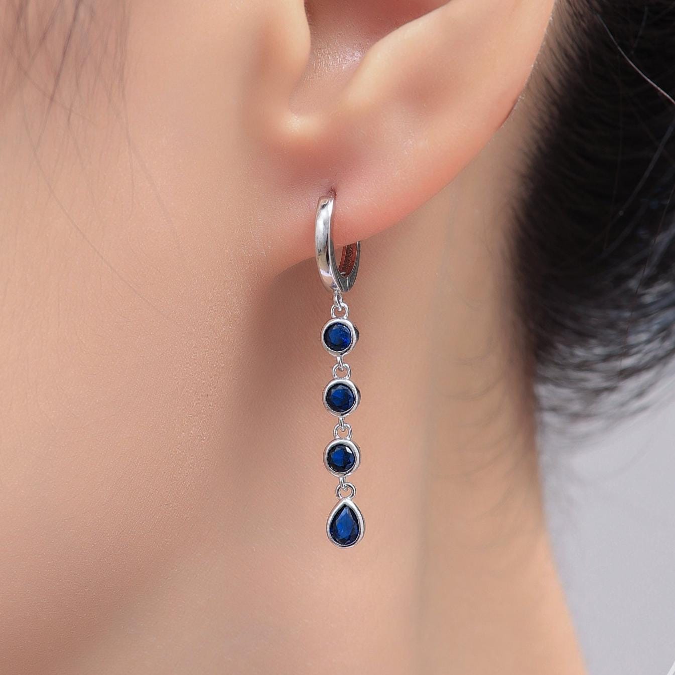 Sapphire Blue CZ Dangle Chain Huggie Hoop Earrings in Sterling Silver, Silver or Gold, CZ Drop Hoops, Geometric Hoop Earrings