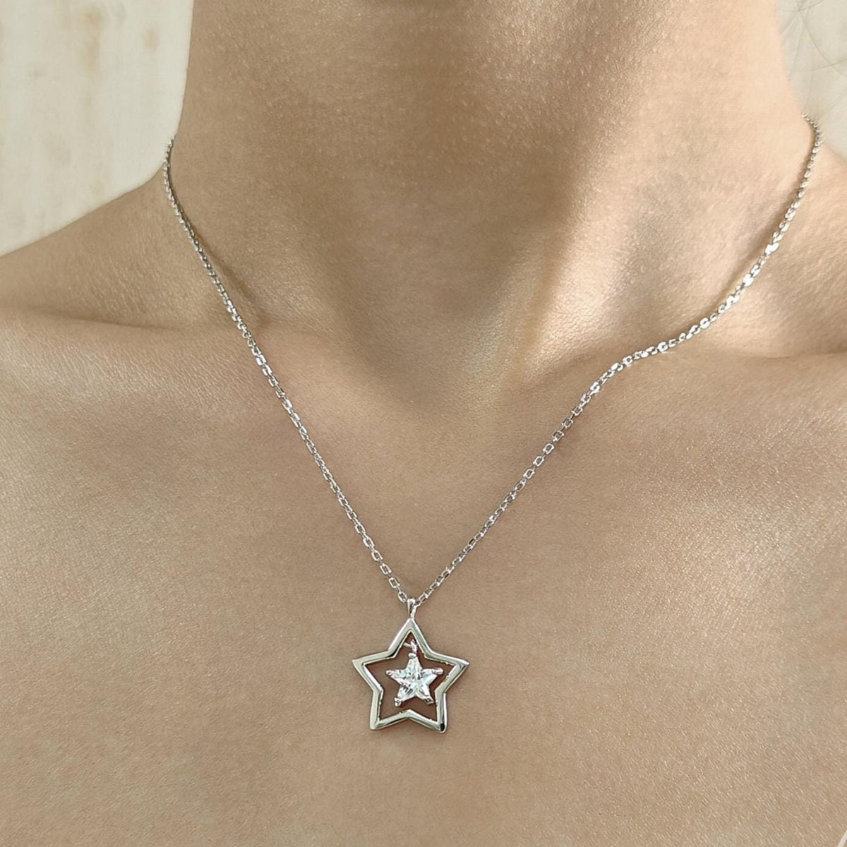 CZ Star Pendant Necklace in Sterling Silver, Silver or Gold, Open Star Halo Necklace