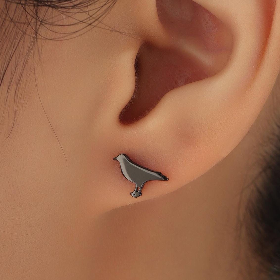 Black Crow Stud Earrings in Sterling Silver - Black Rhodium Coated Sterling Silver, Animal Stud Earrings - Bird Earrings