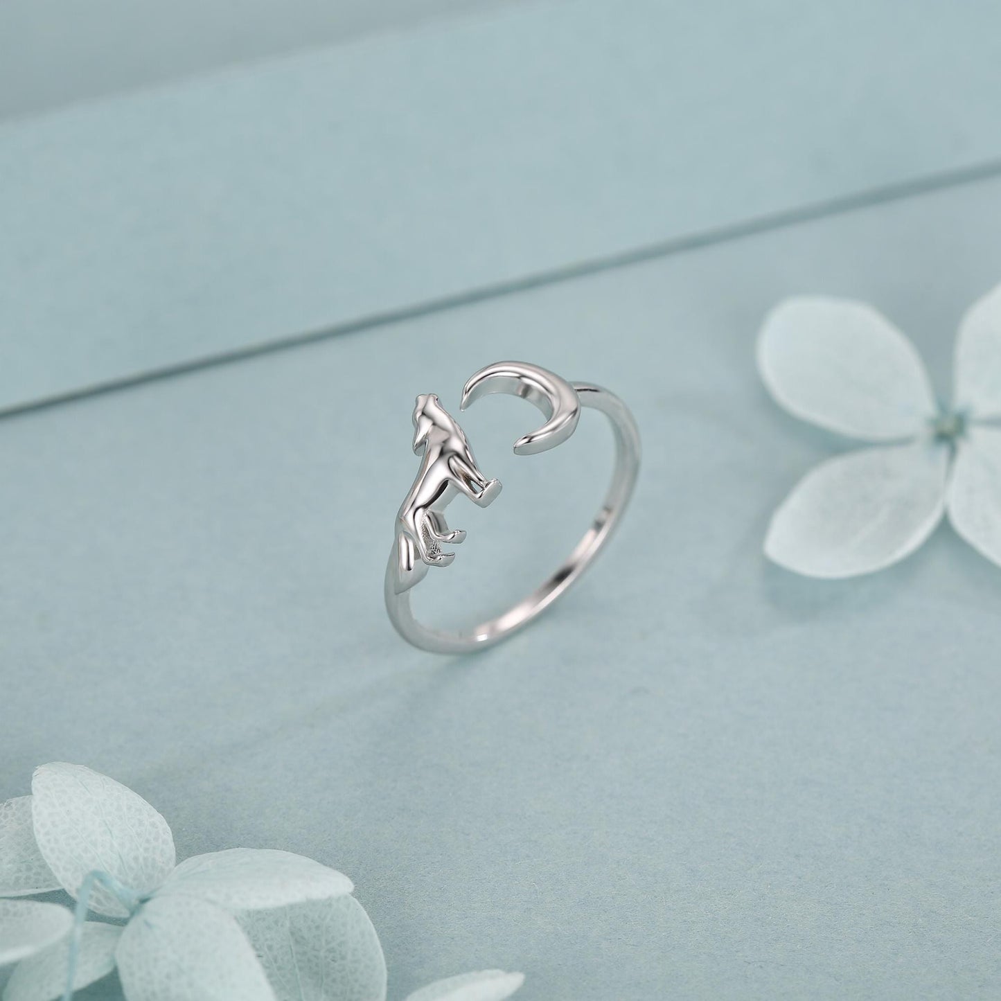 Sterling Silver Howling Wolf and Moon Adjustable Ring