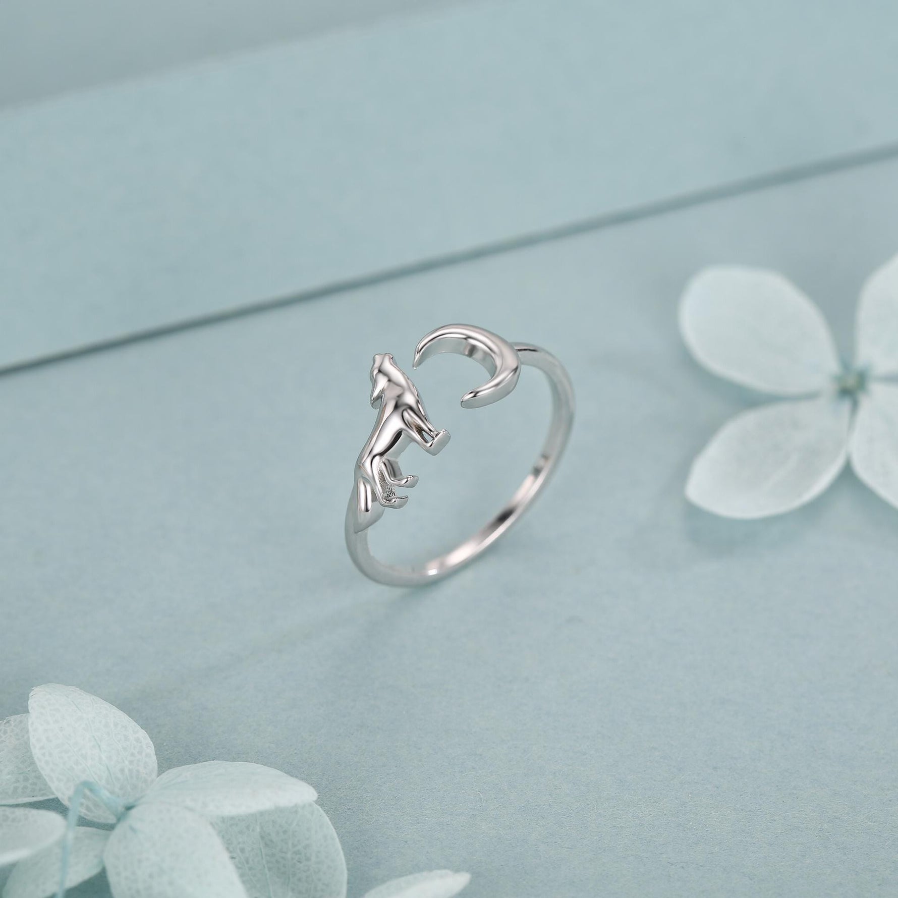 Sterling Silver Howling Wolf and Moon Adjustable Ring