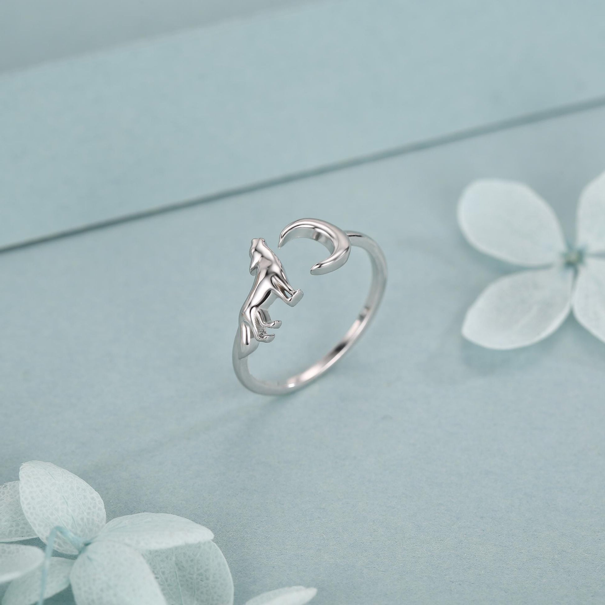 Sterling Silver Howling Wolf and Moon Adjustable Ring