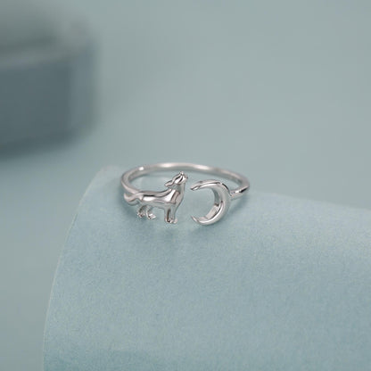 Sterling Silver Howling Wolf and Moon Adjustable Ring