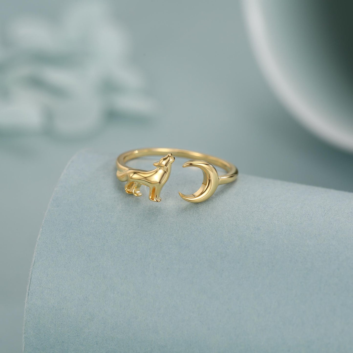 Sterling Silver Howling Wolf and Moon Adjustable Ring