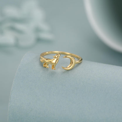 Sterling Silver Howling Wolf and Moon Adjustable Ring