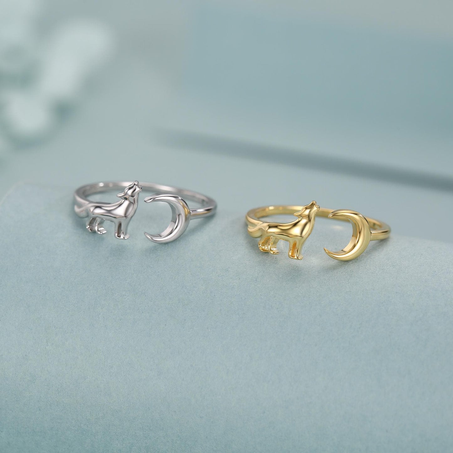 Sterling Silver Howling Wolf and Moon Adjustable Ring