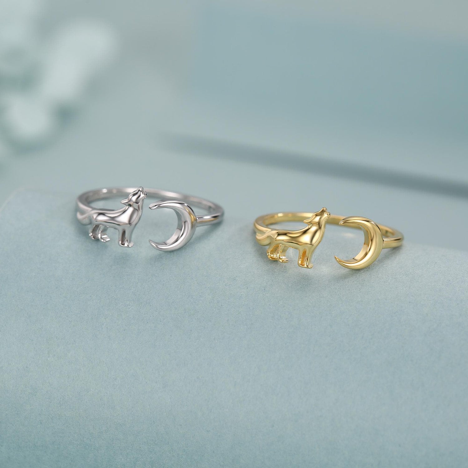 Sterling Silver Howling Wolf and Moon Adjustable Ring