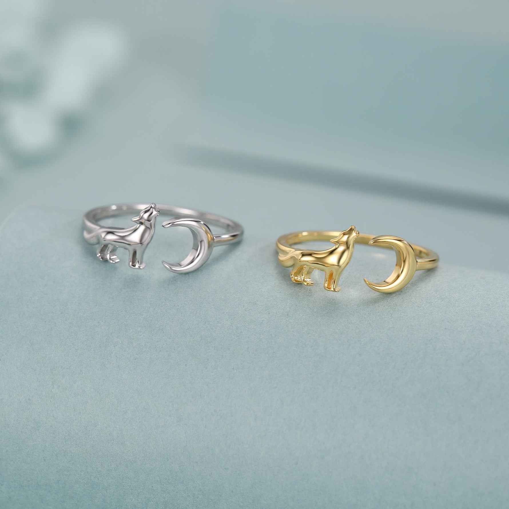 Sterling Silver Howling Wolf and Moon Adjustable Ring