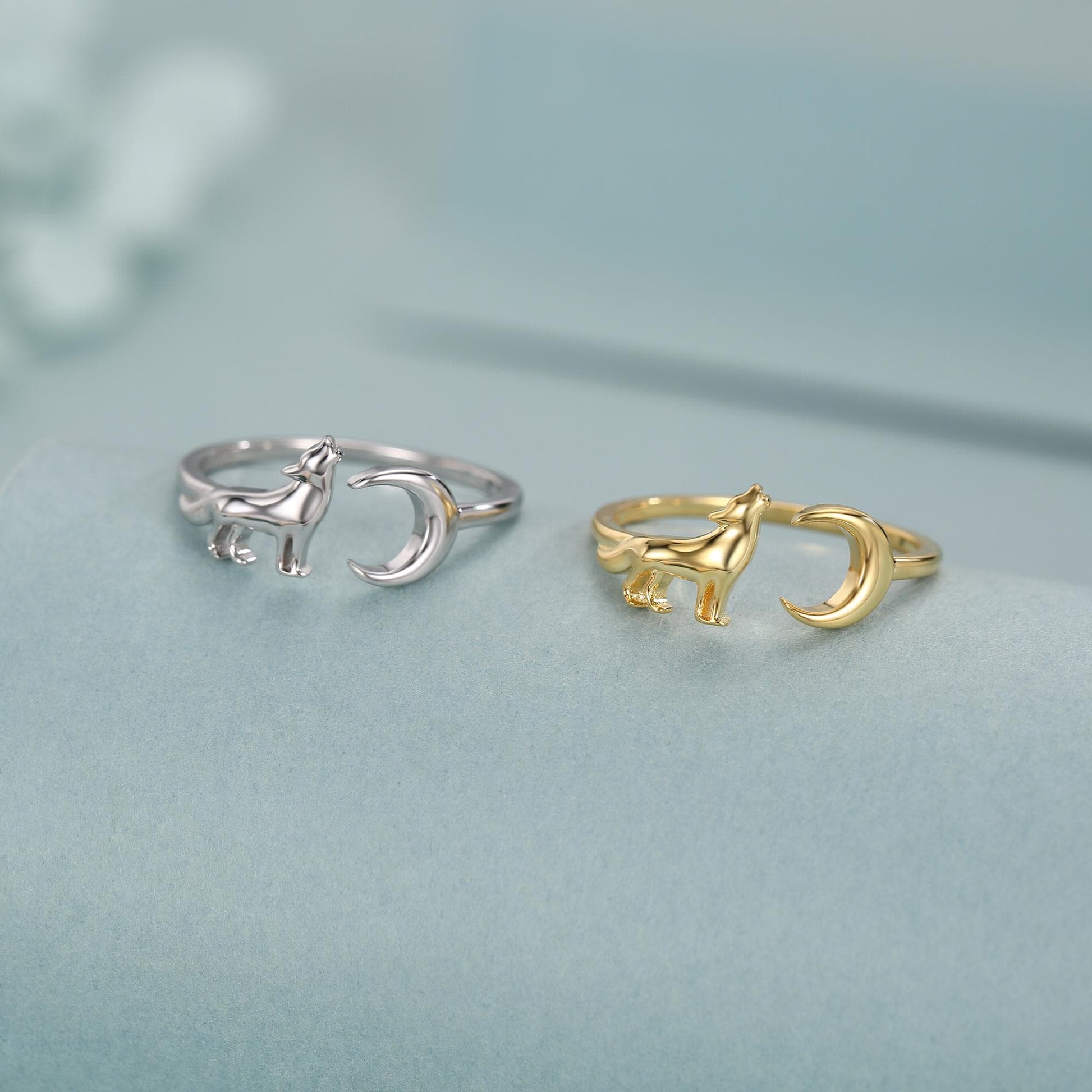 Sterling Silver Howling Wolf and Moon Adjustable Ring