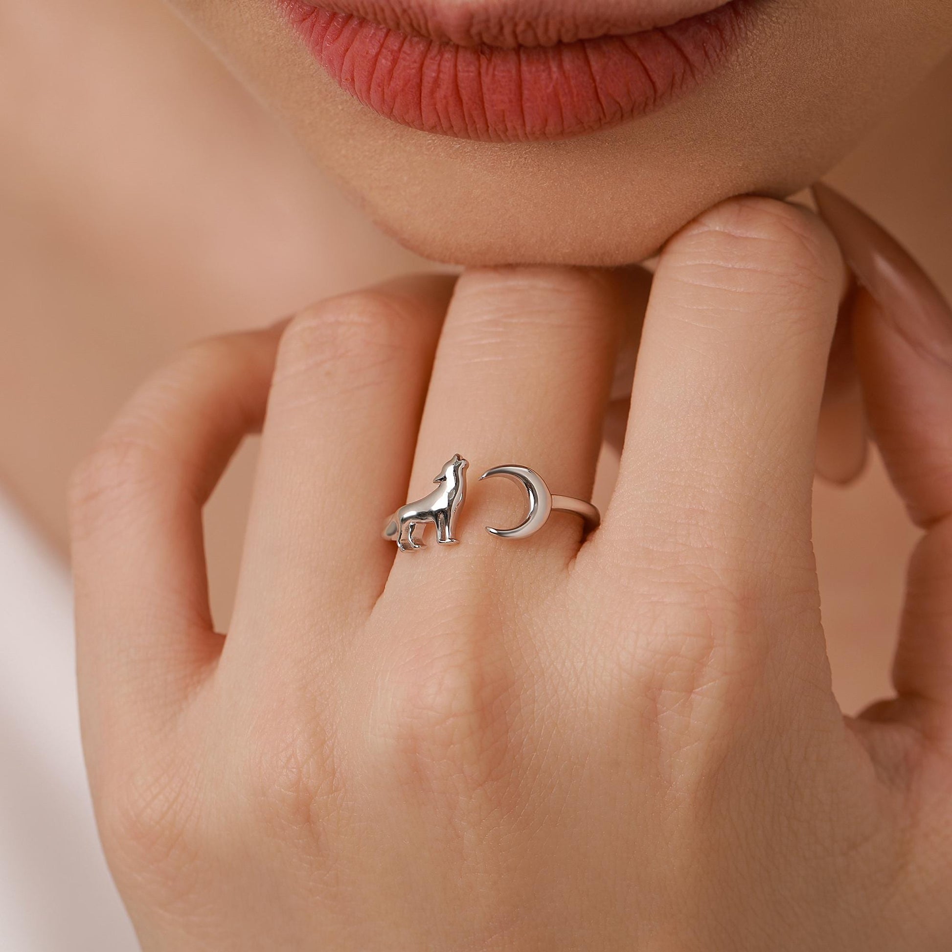 Sterling Silver Howling Wolf and Moon Adjustable Ring