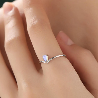Minimalist Moonstone Droplet V Ring in Sterling Silver, Adjustable Size Prong Set Lab Moonstone Ring, Chevron Ring, Simulated Moonstone Ring
