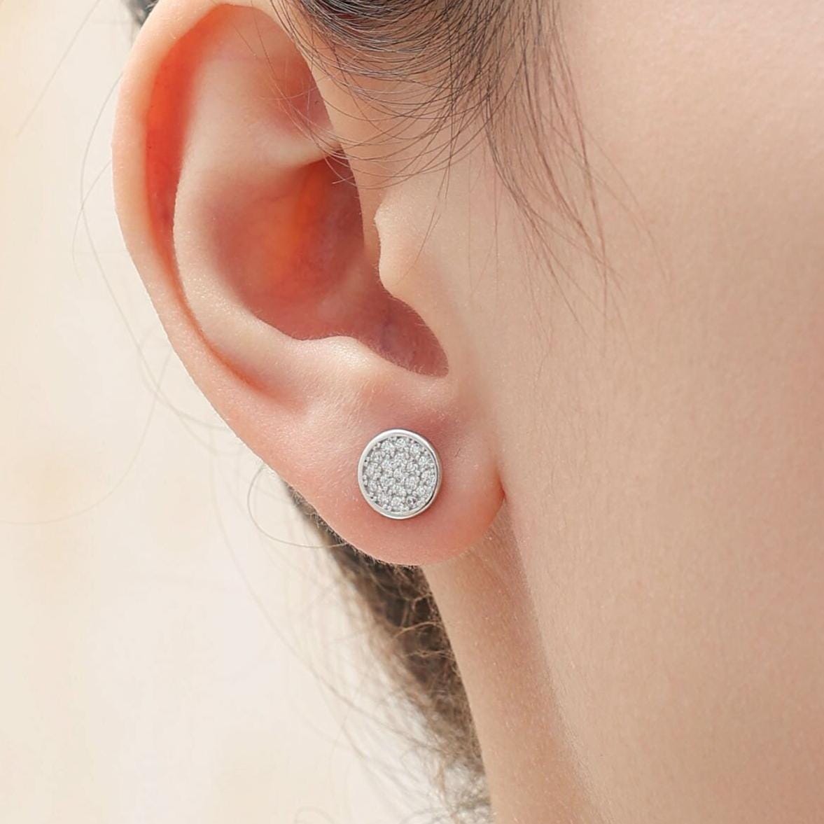 CZ Round Disk Stud Earrings in Sterling Silver, CZ Coin Earrings, 8mm Circle Stud, CZ Pave Coin Earrings, Silver or Gold