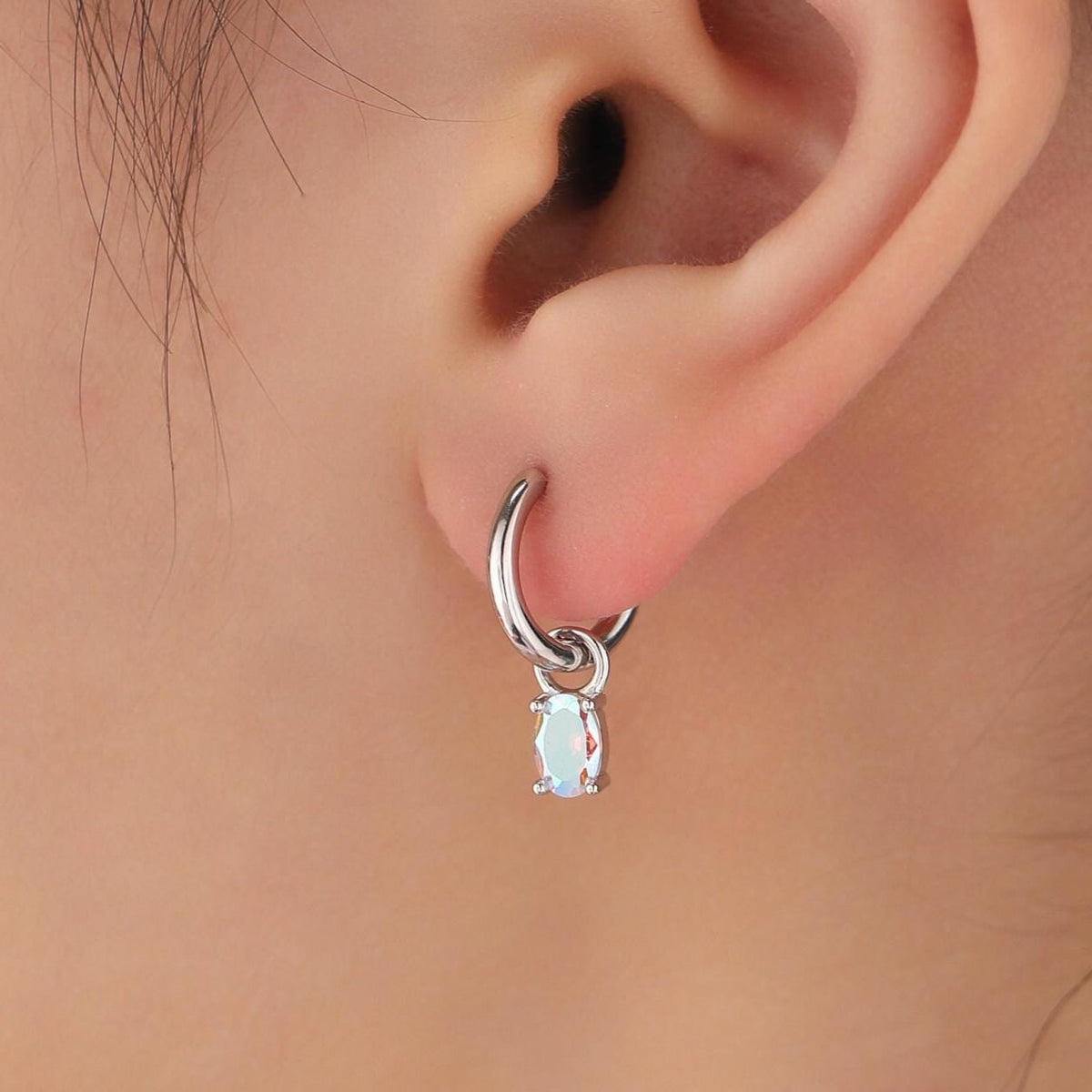 Oval Aurora CZ Huggie Hoop in Sterling Silver, Silver or Gold, Minimalist Simple AB Crystal Hoop Earrings, Detachable and Interchangeable
