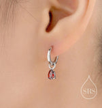Sterling Silver Garnet Red CZ Droplet Hoop Earrings, Silver, Gold or Rose Gold, Pear Cut Drop Earrings, Interchangeable Charms, January