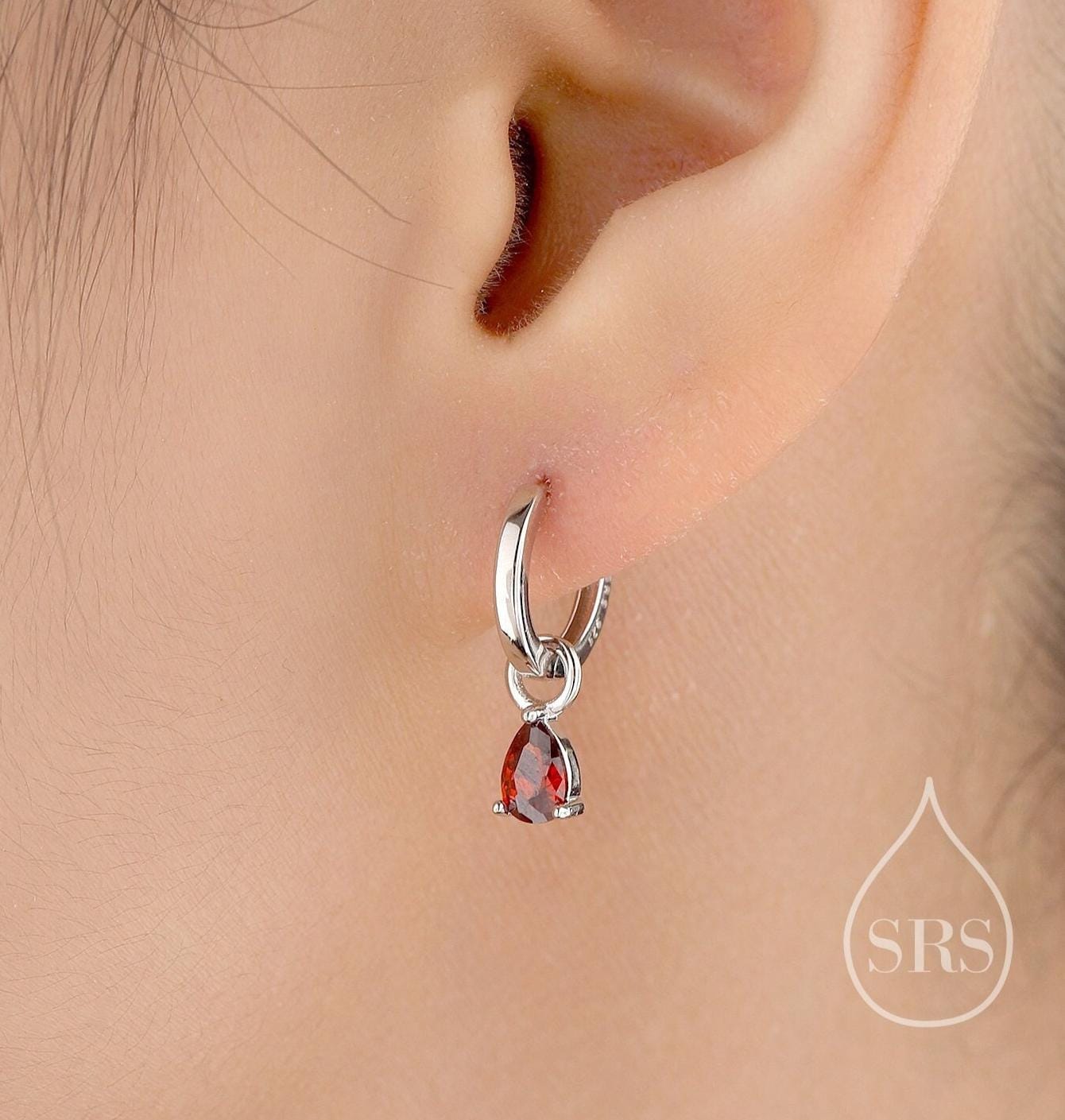 Sterling Silver Garnet Red CZ Droplet Hoop Earrings, Silver, Gold or Rose Gold, Pear Cut Drop Earrings, Interchangeable Charms, January