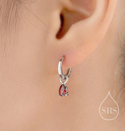 Sterling Silver Garnet Red CZ Droplet Hoop Earrings, Silver, Gold or Rose Gold, Pear Cut Drop Earrings, Interchangeable Charms, January