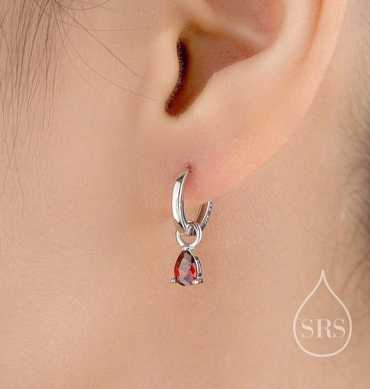 Sterling Silver Garnet Red CZ Droplet Hoop Earrings, Silver, Gold or Rose Gold, Pear Cut Drop Earrings, Interchangeable Charms, January