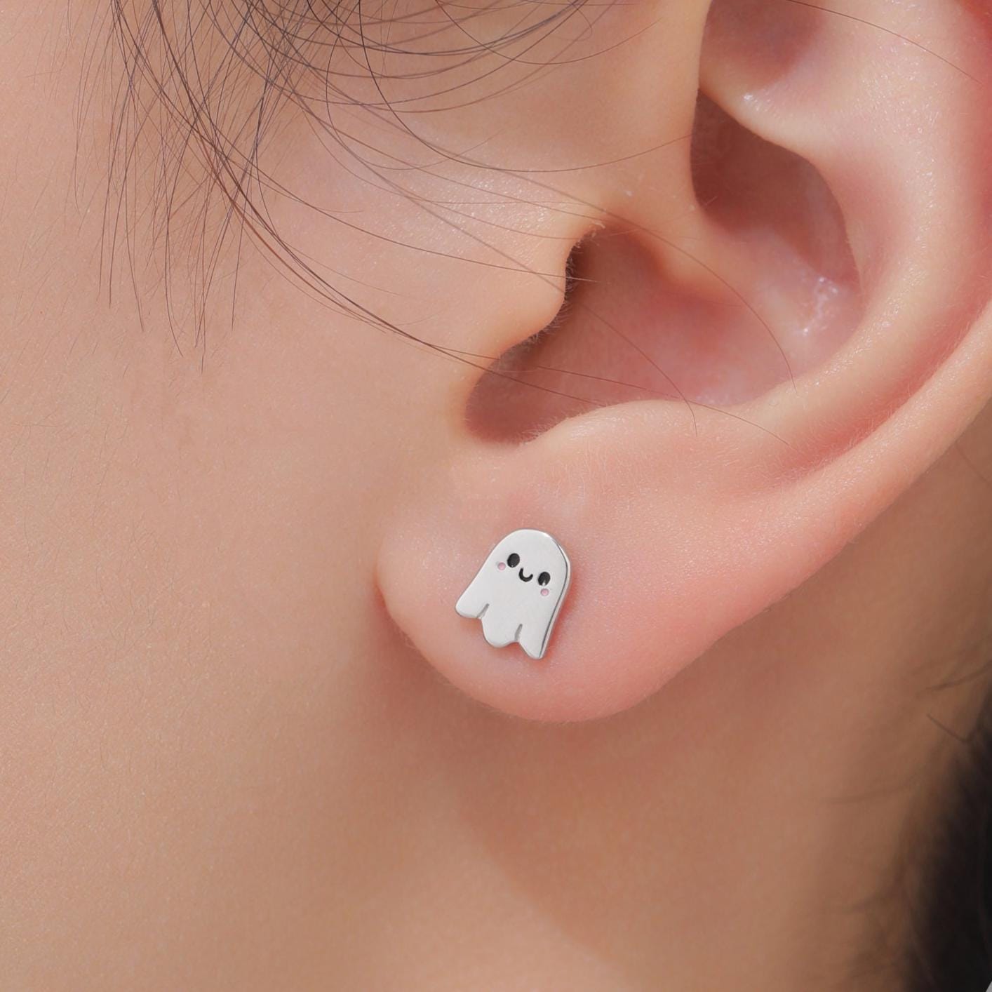 Tiny Little Cute Ghost Stud Earrings in Sterling Silver, Silver or Gold or Rose Gold, Tiny Ghost Earrings