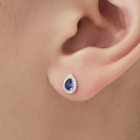 Tiny Sapphire Blue Droplet CZ Halo Stud Earrings in Sterling Silver, Silver or Gold, Tiny Pear Cut CZ Stud Earrings, September Birthstone