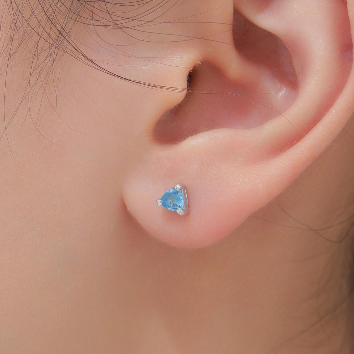 Genuine Swiss Blue Topaz Stud Earrings in Sterling Silver, 4mm Tiny Topaz Earrings, Trillion Cut Natural Swiss Blue Topaz Earrings