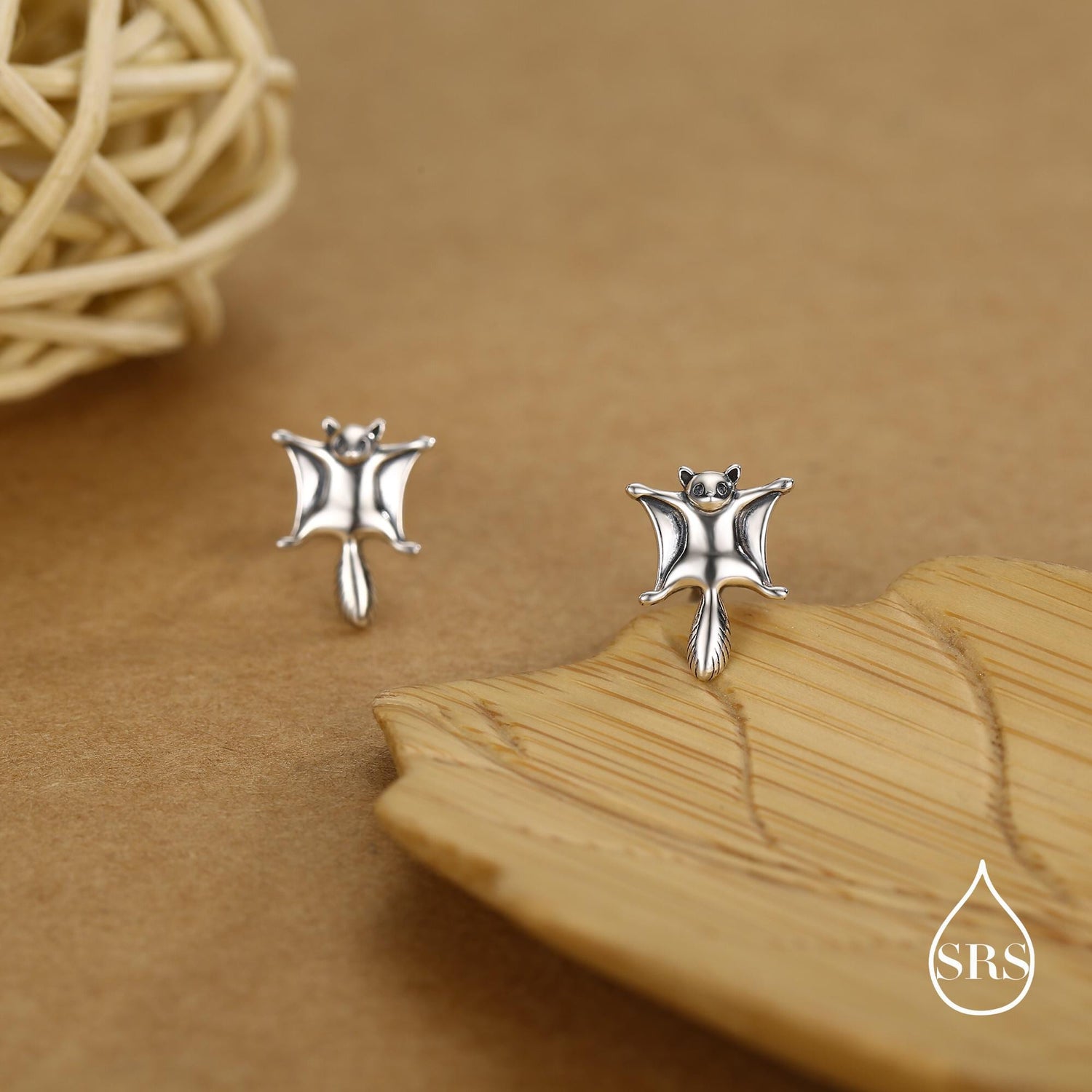 Sterling Silver Flying Squirrel Stud Earrings
