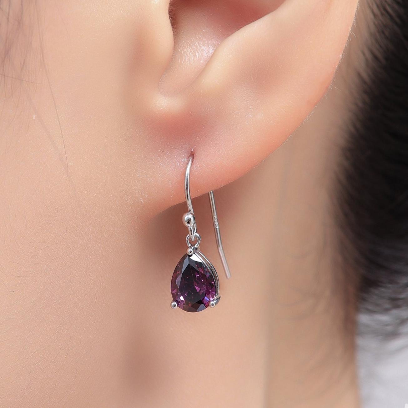 Dark Amethyst Purple Pear Cut CZ Drop Earrings in Sterling Silver, Silver or Gold, Dark Purple Droplet Dangle Earrings