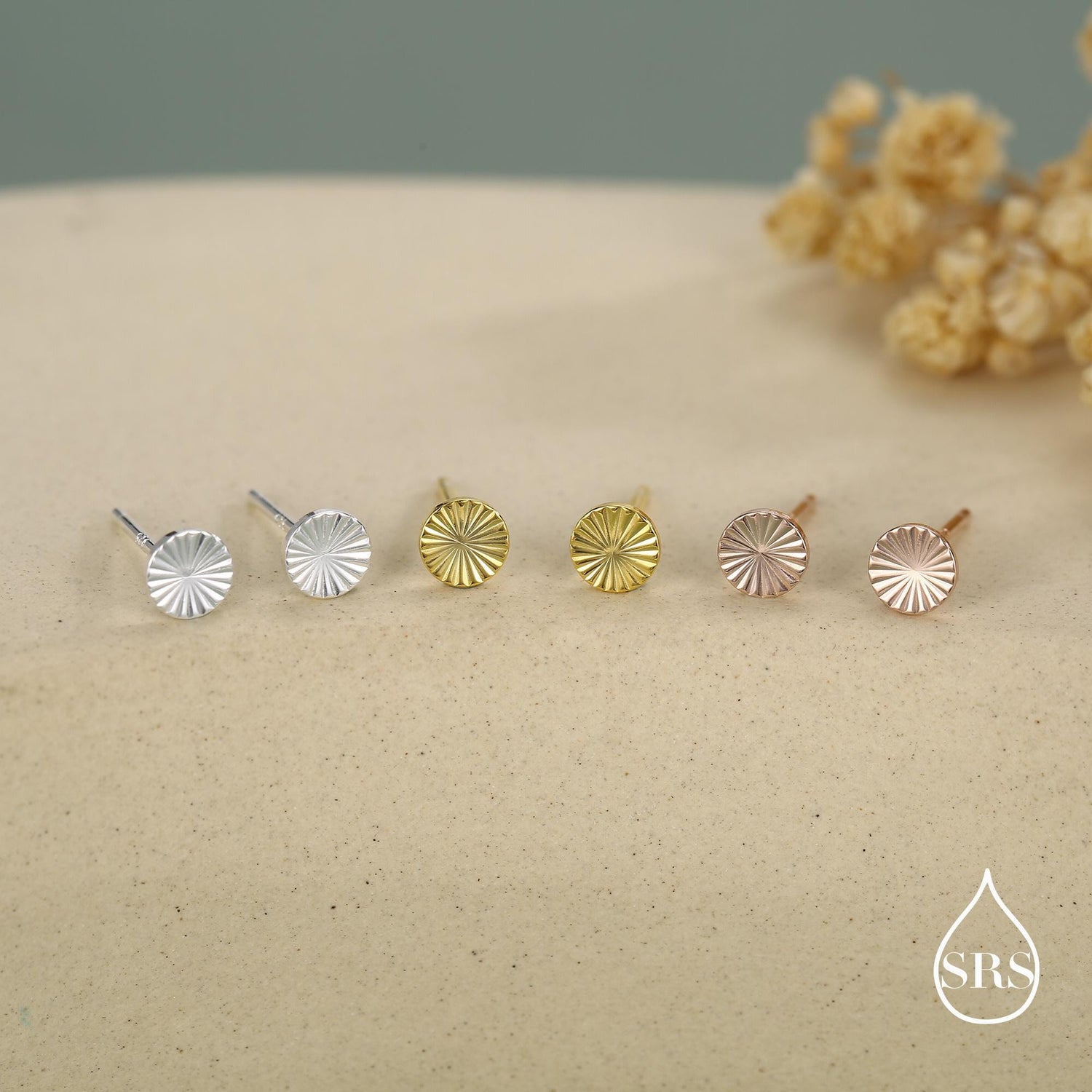 Sterling Silver Sunburst Disk Stud Earrings