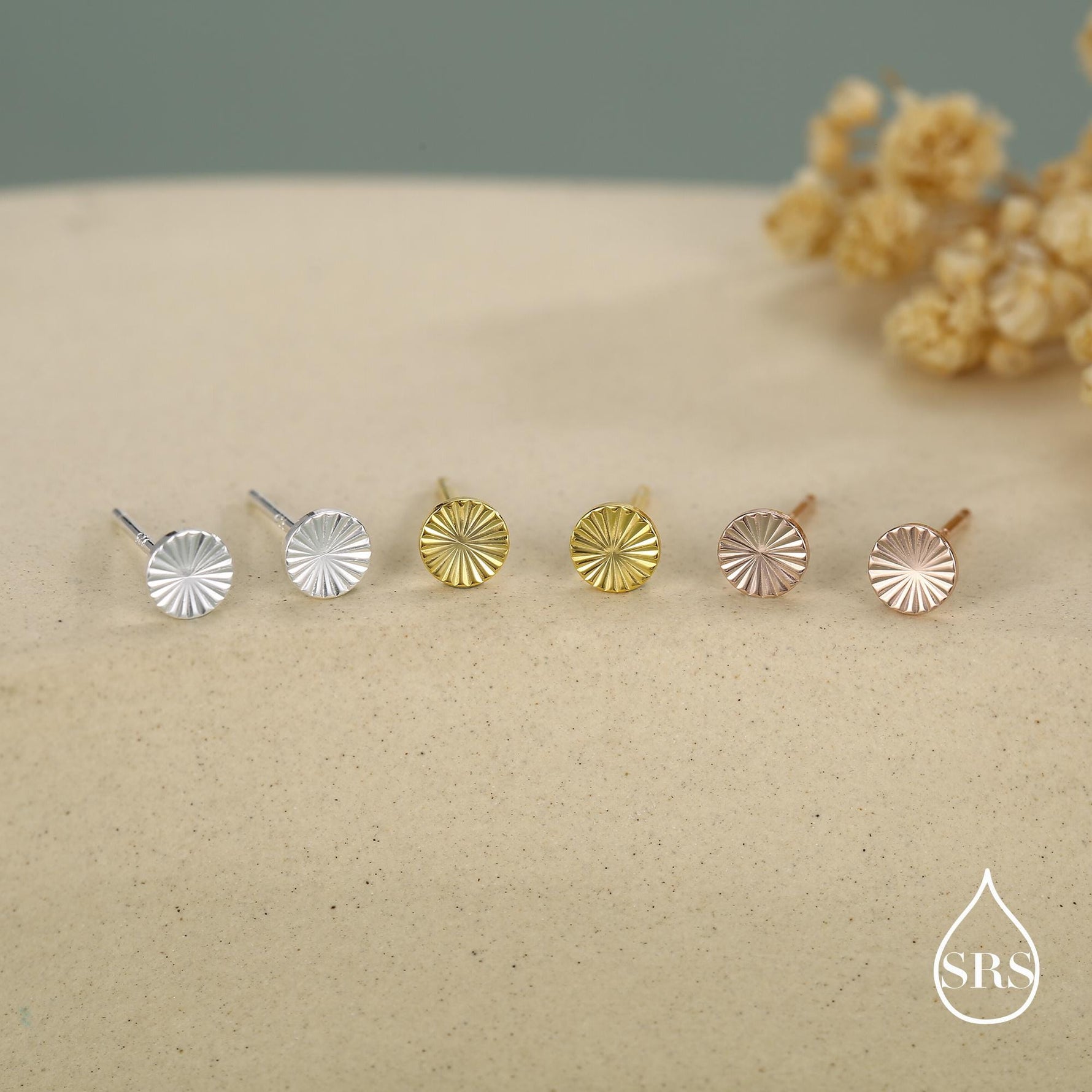 Sterling Silver Sunburst Disk Stud Earrings