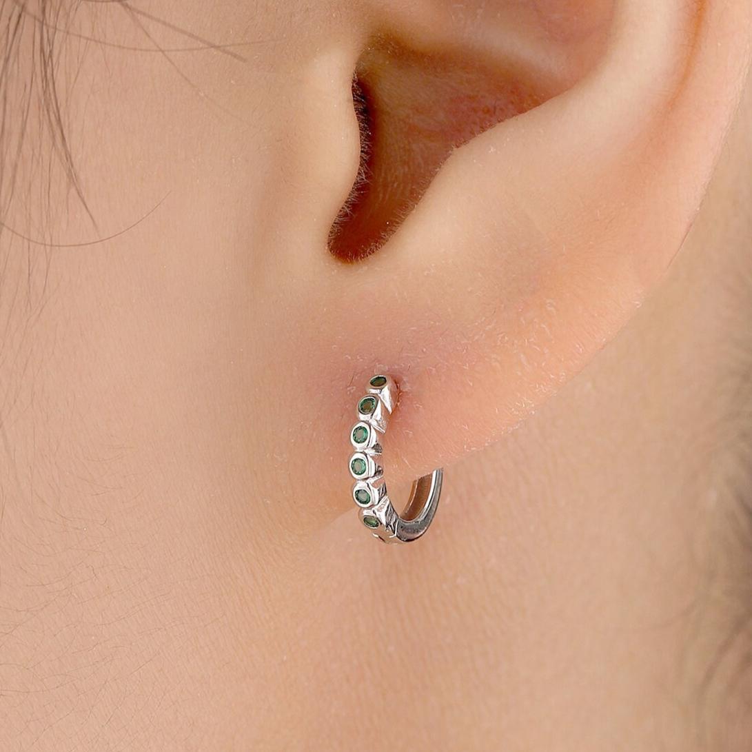 Emerald Green CZ Bezel Huggie Hoop in Sterling Silver, 8mm, Silver or Gold, Green Minimalist Simple Hoop Earrings, Green CZ Hoops