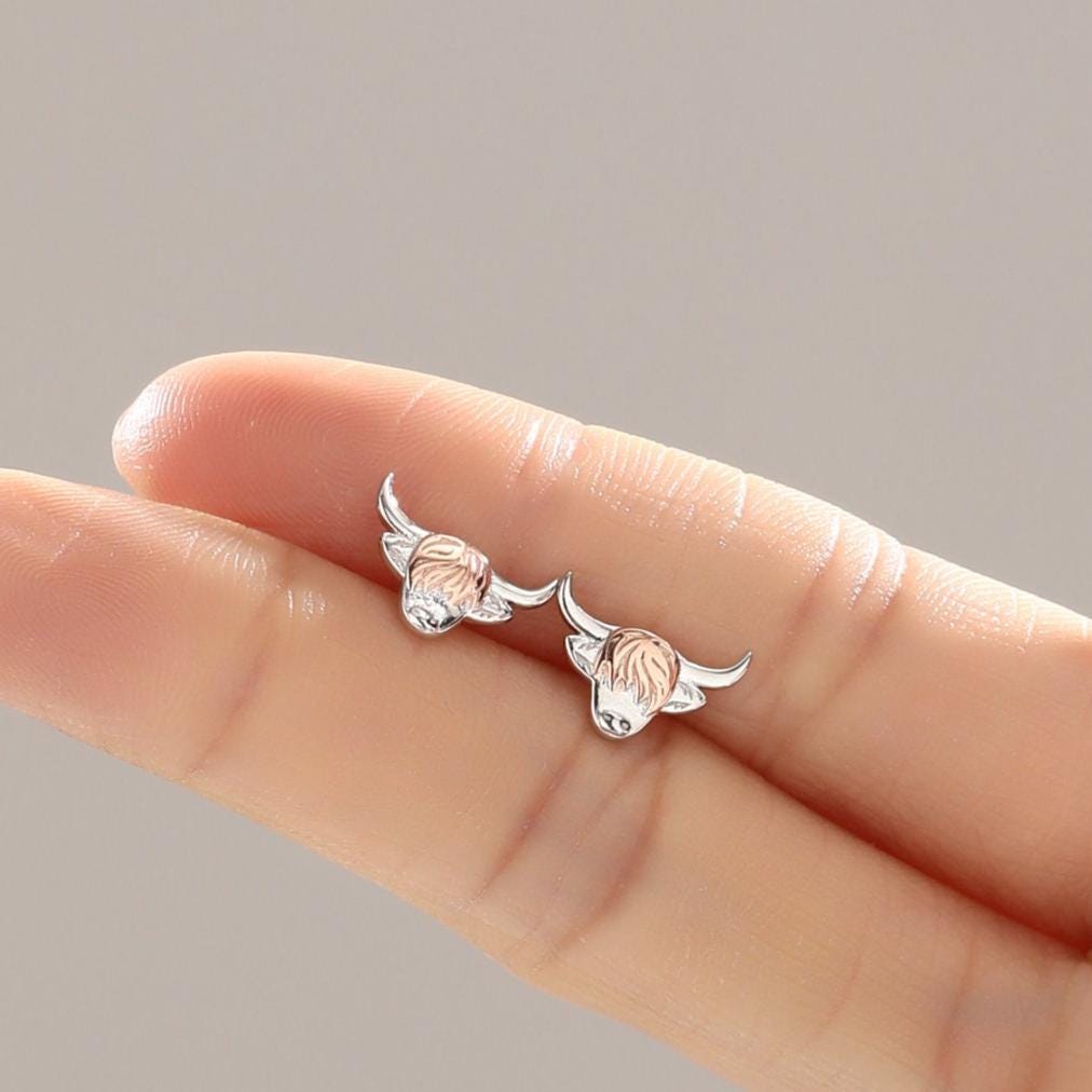 Two Tone Highland Cow Stud Earrings in Sterling Silver, Bull Earrings, Cow Earrings