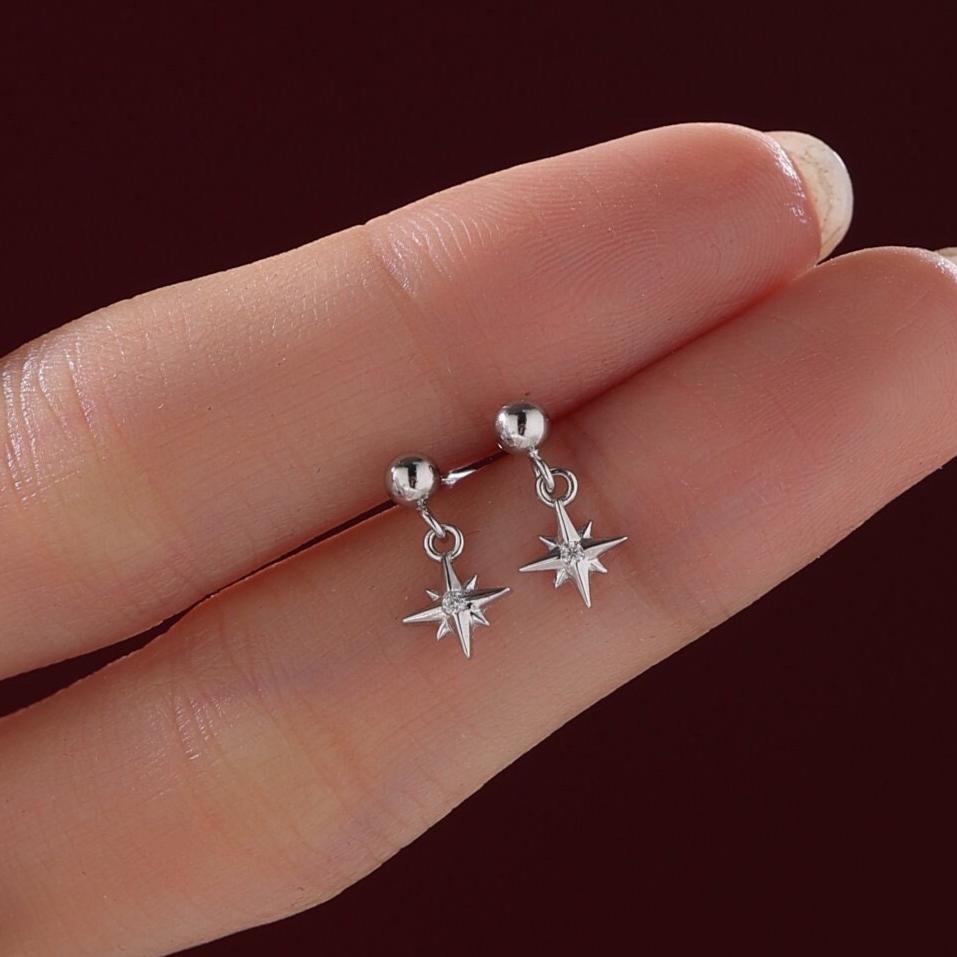 Tiny CZ Starburst Drop Stud Earrings in Sterling Silver, Silver, Gold or Rose Gold, North Star Earrings, Sunburst Earrings, Tiny Star Stud