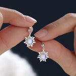 Sun Dangle Drop Stud Earrings in Sterling Silver with Simulated Moonstone, Sun Earrings, Celestial Earrings