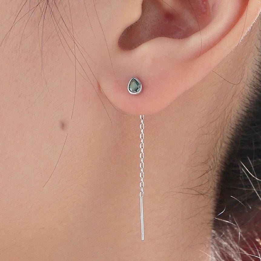 Tiny Emerald Green Droplet Bezel CZ Crystal Threader Earrings in Sterling Silver, Silver or Gold, Minimalist Pear Cut Ear Threaders