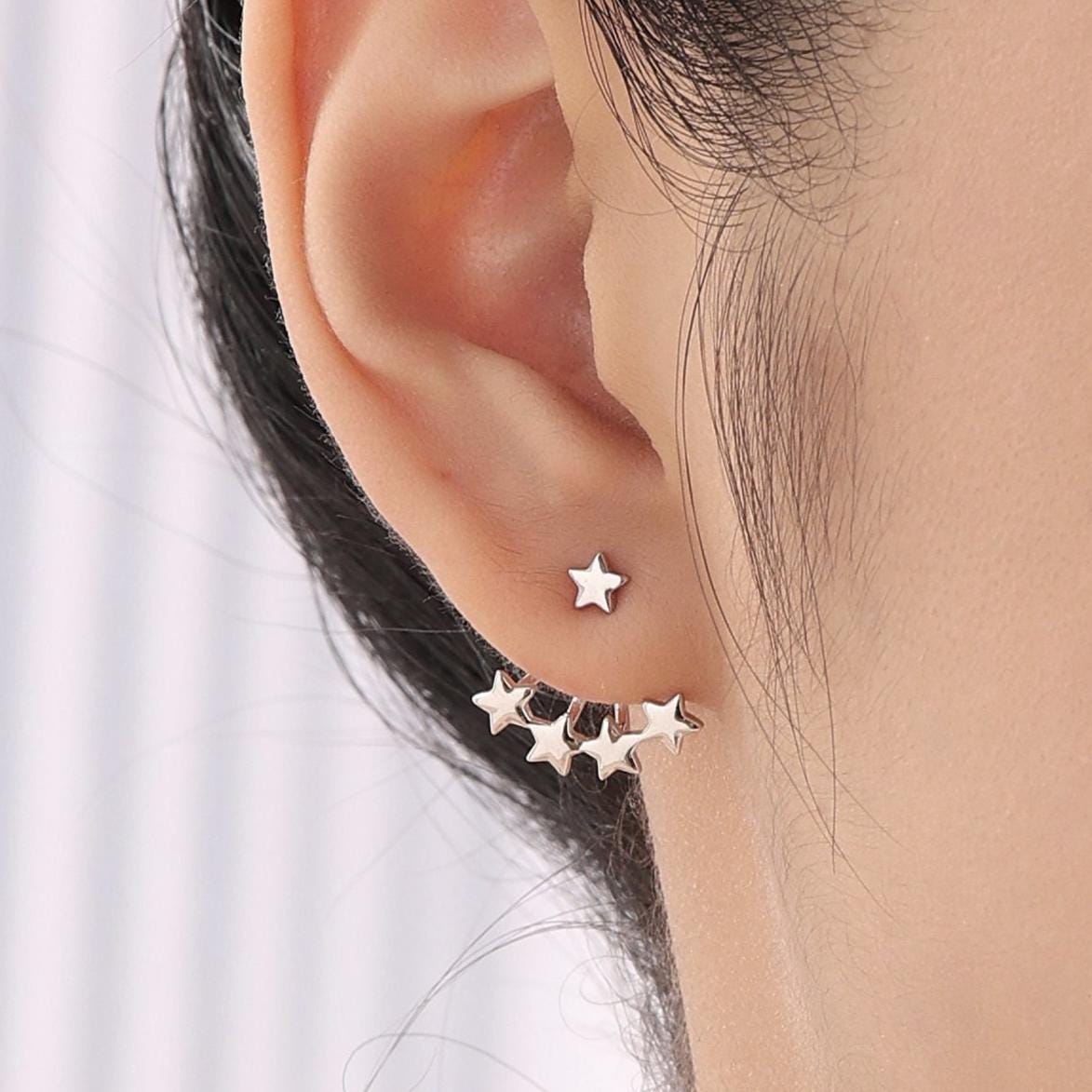 Star Ear Jacket in Sterling Silver, Four Star Earrings in Sterling Silver, Silver, Gold or Rose Gold, Front and Back