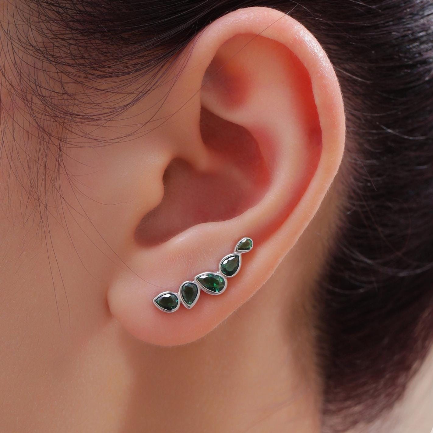 Emerald Green Droplet CZ Cluster Crawler Earrings in Sterling Silver, Silver or Gold, Pear CZ Cluster Crawler, Cluster Earrings