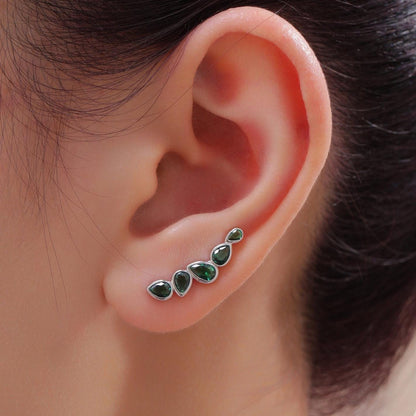 Emerald Green Droplet CZ Cluster Crawler Earrings in Sterling Silver, Silver or Gold, Pear CZ Cluster Crawler, Cluster Earrings