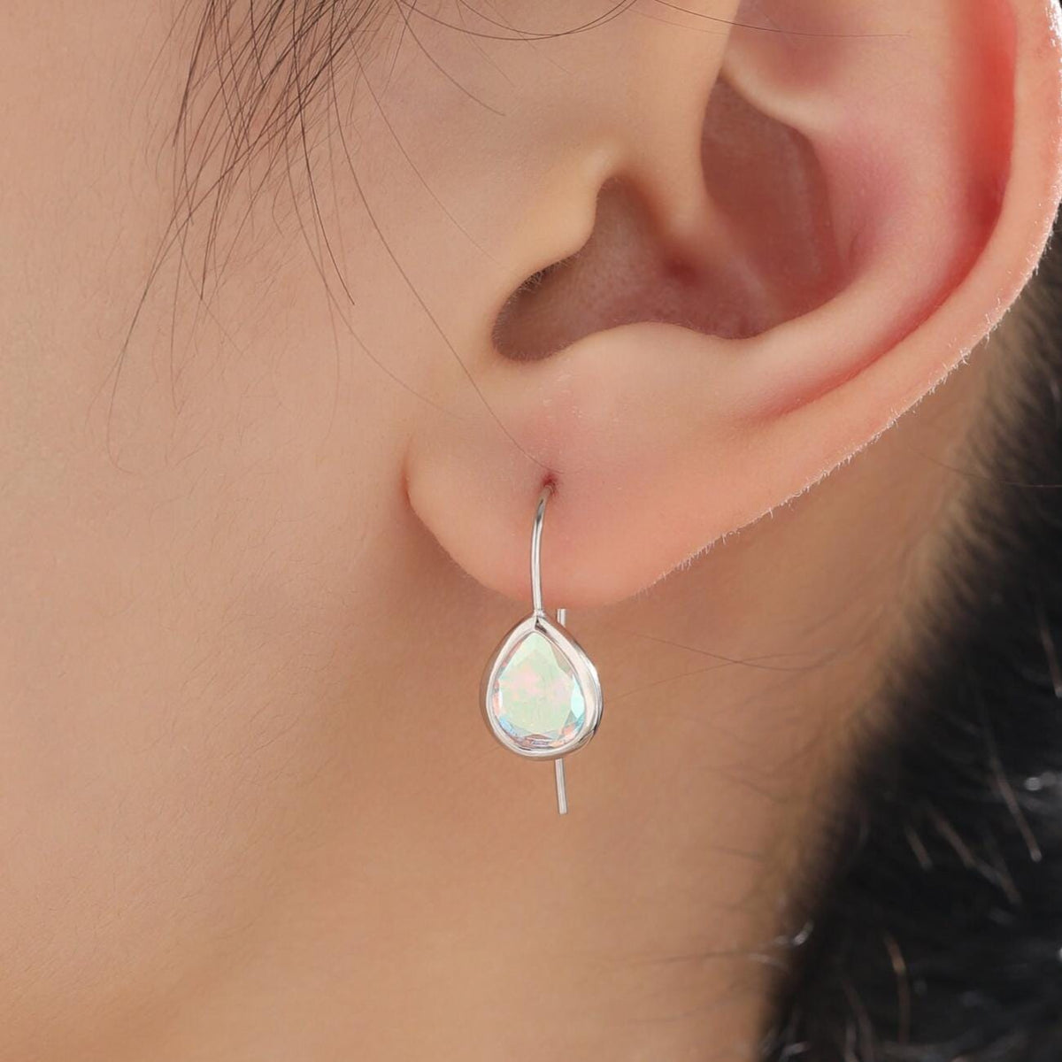 Sterling Silver Aurora CZ Droplet Drop Earrings in Sterling Silver, Silver or Gold, Chunky AB CZ Pear Shape Hook Earrings