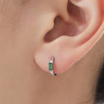 Emerald Green Single Baguette Cut CZ Huggie Hoop in Sterling Silver, Silver or Gold, Minimalist Simple Green Hoop Earrings