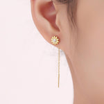 Sunflower Threader Earrings in Sterling Silver, Sunflower with Dangle Chain Earrings, Flower Chain Earrings
