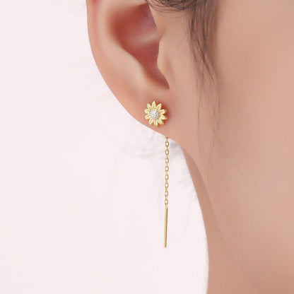 Sunflower Threader Earrings in Sterling Silver, Sunflower with Dangle Chain Earrings, Flower Chain Earrings