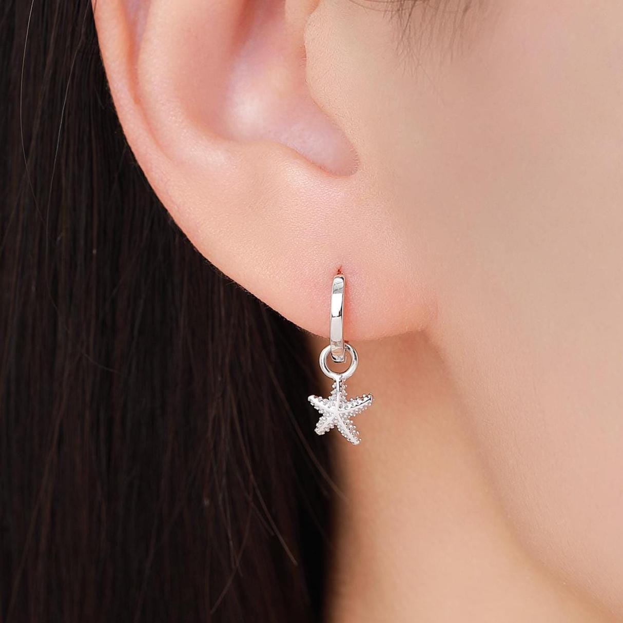 Sterling Silver Starfish Huggie Hoops, Silver, Gold or Rose Gold, Detachable Cute Sea Star Hoop Earrings, Starfish Earrings