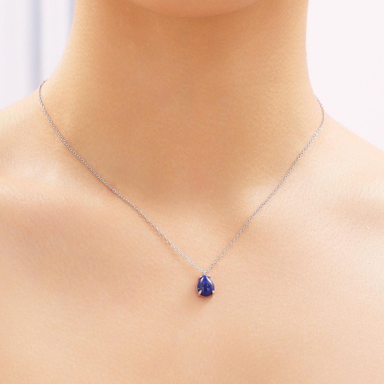 Genuine Lapis Lazuli Pear Necklace in Sterling Silver, Droplet Cabochon Natural Blue Lapis Pendant Necklace