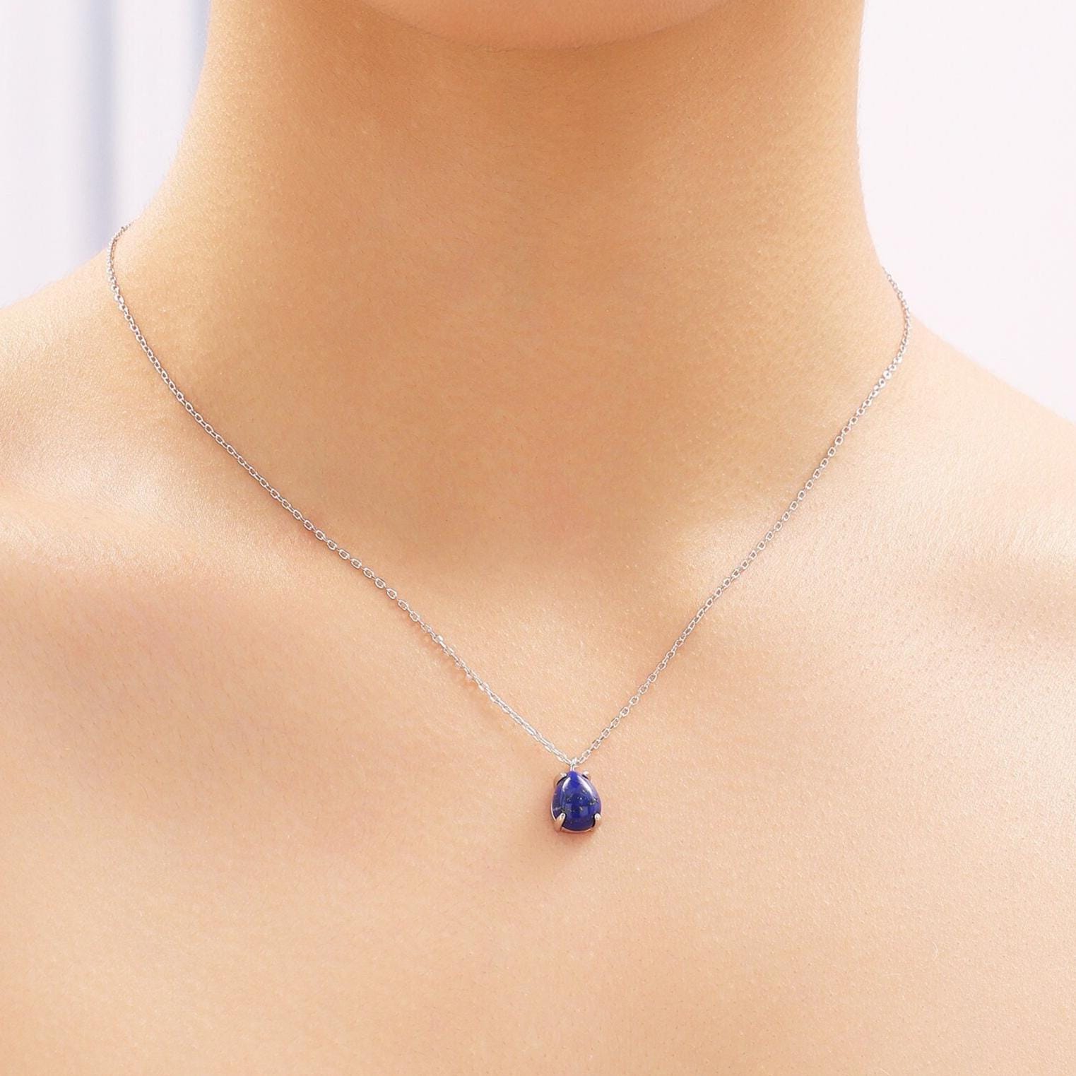 Genuine Lapis Lazuli Pear Necklace in Sterling Silver, Droplet Cabochon Natural Blue Lapis Pendant Necklace