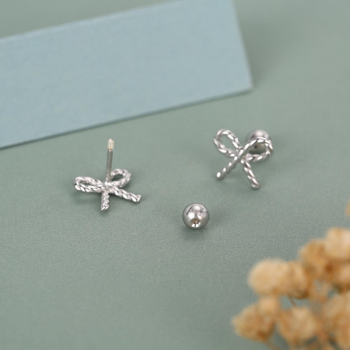 Sterling Silver Braided Bow 18G Screw Back Earrings with Ball Backs